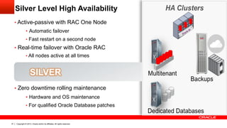 Copyright © 2013, Oracle and/or its affiliates. All rights reserved.37
SILVER
Silver Level High Availability
• Active-passive with RAC One Node
•  Automatic failover
•  Fast restart on a second node
•  Real-time failover with Oracle RAC
• All nodes active at all times
•  Zero downtime rolling maintenance
•  Hardware and OS maintenance
•  For qualified Oracle Database patches
 