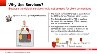 Copyright © 2013, Oracle and/or its affiliates. All rights reserved.66
HRg1wc
Why Use Services?
Because the default service should not be used for client connections
§  The default service of the CDB is started when
the CDB is started. This is an admin-service.
§  The default service of the PDB is available
for connectivity as soon as PDB is mounted
with the startup of the CDB.
§  If an application uses the default service for
connectivity, it can connect to this service as
soon as it is registered with the listener.
–  How to prevent an application from connecting?
rudolph
cdb1
sqlplus <user>/<pwd>@MySCAN/crmsvc
CRM PDB Default service
HR PDB CRMSVC
 