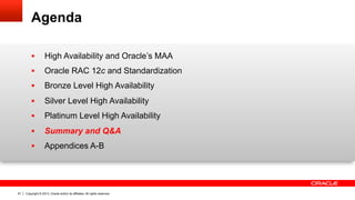 Copyright © 2013, Oracle and/or its affiliates. All rights reserved.91
Agenda
§  High Availability and Oracle’s MAA
§  Oracle RAC 12c and Standardization
§  Bronze Level High Availability
§  Silver Level High Availability
§  Platinum Level High Availability
§  Summary and Q&A
§  Appendices A-B
 