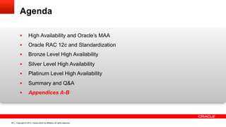Copyright © 2013, Oracle and/or its affiliates. All rights reserved.96
Agenda
§  High Availability and Oracle’s MAA
§  Oracle RAC 12c and Standardization
§  Bronze Level High Availability
§  Silver Level High Availability
§  Platinum Level High Availability
§  Summary and Q&A
§  Appendices A-B
 