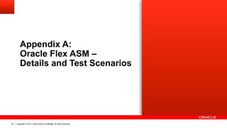 Copyright © 2013, Oracle and/or its affiliates. All rights reserved.97
Appendix A:
Oracle Flex ASM –
Details and Test Scenarios
 