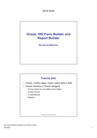 BCIS 5420




                         Oracle 10G Form Builder and
                                Report Builder

                                        By Anna Sidorova




                                          Tutorial plan
                     • Create, modify tables, insert, select data in SQL
                     • Create interface in Oracle designer
                        –   Forms based on one table or two tables
                        –   Custom forms
                        –   A switchboard
                        –   Reports




                                          Introduction to Oracle Form Builder   2




By Anna SidorovaIntro to Oracle Form
Builder                                                                             1
 