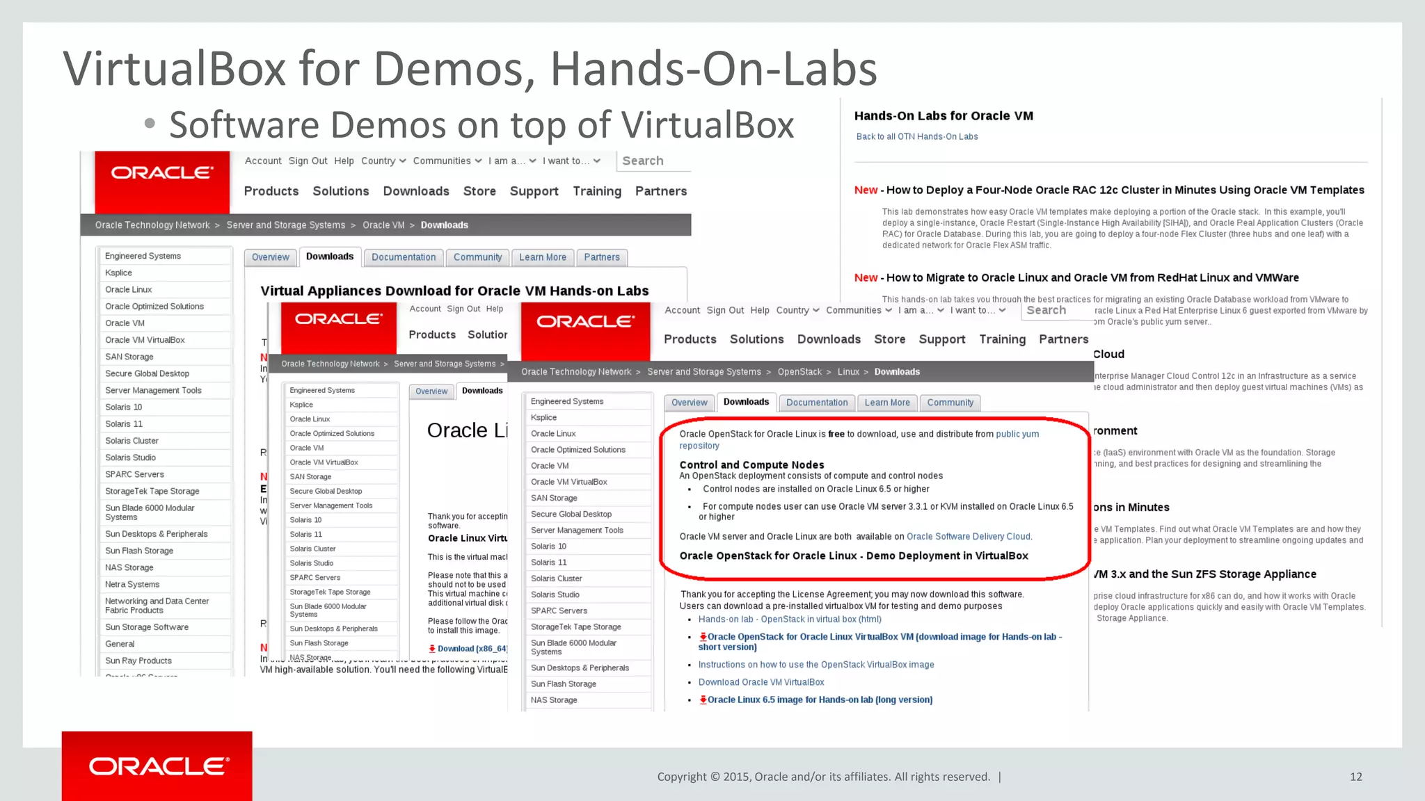 Copyright © 2015, Oracle and/or its affiliates. All rights reserved. | 12
VirtualBox for Demos, Hands-On-Labs
• Software Demos on top of VirtualBox
 
