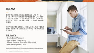 Copyright © 2020, Oracle and/or its affiliates17
LINE
Oracle Cloud
2019 1
LINE 2019 3
• Oracle Digital Assistant
• Oracle Cloud Infrastructure
(Oracle Container Engine for Kubernetes)
• Oracle Management Cloud
https://www.oracle.com/jp/corporate/pressrelease/jp20190903.html
 