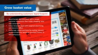 • Avoid	
  basket	
  abandonment	
   with	
  a	
  simple	
  
customer	
  experience	
  that	
  makes	
  shopping	
   easy	
  
and	
  convenient	
  
• Entice	
  browsers	
  back	
  with	
  targeted	
  advertising	
  
and	
  dynamic	
  offers	
  
• Encourage	
  repeat	
  purchase	
  by	
  making	
  relevant	
  
recommendations	
  based	
  on	
  purchase	
  history	
  or	
  
web	
  behaviours	
  
 