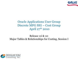 Oracle Applications User Group
Discrete MFG SIG – Cost Group
April 27th 2010
Release 11i & 12:
Major Tables & Relationships for Costing, Session I
 