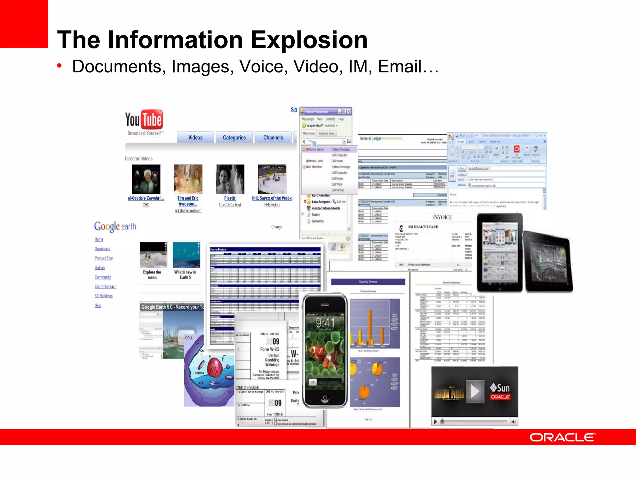 The Information Explosion
• Documents, Images, Voice, Video, IM, Email…
 