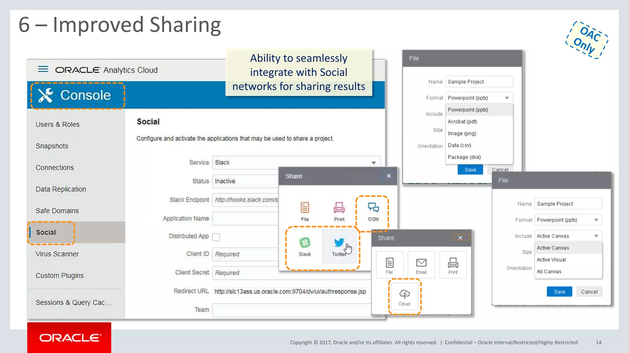 Copyright © 2017, Oracle and/or its affiliates. All rights reserved. | Confidential – Oracle Internal/Restricted/Highly Restricted 14
6 – Improved Sharing
Ability to seamlessly
integrate with Social
networks for sharing results
 