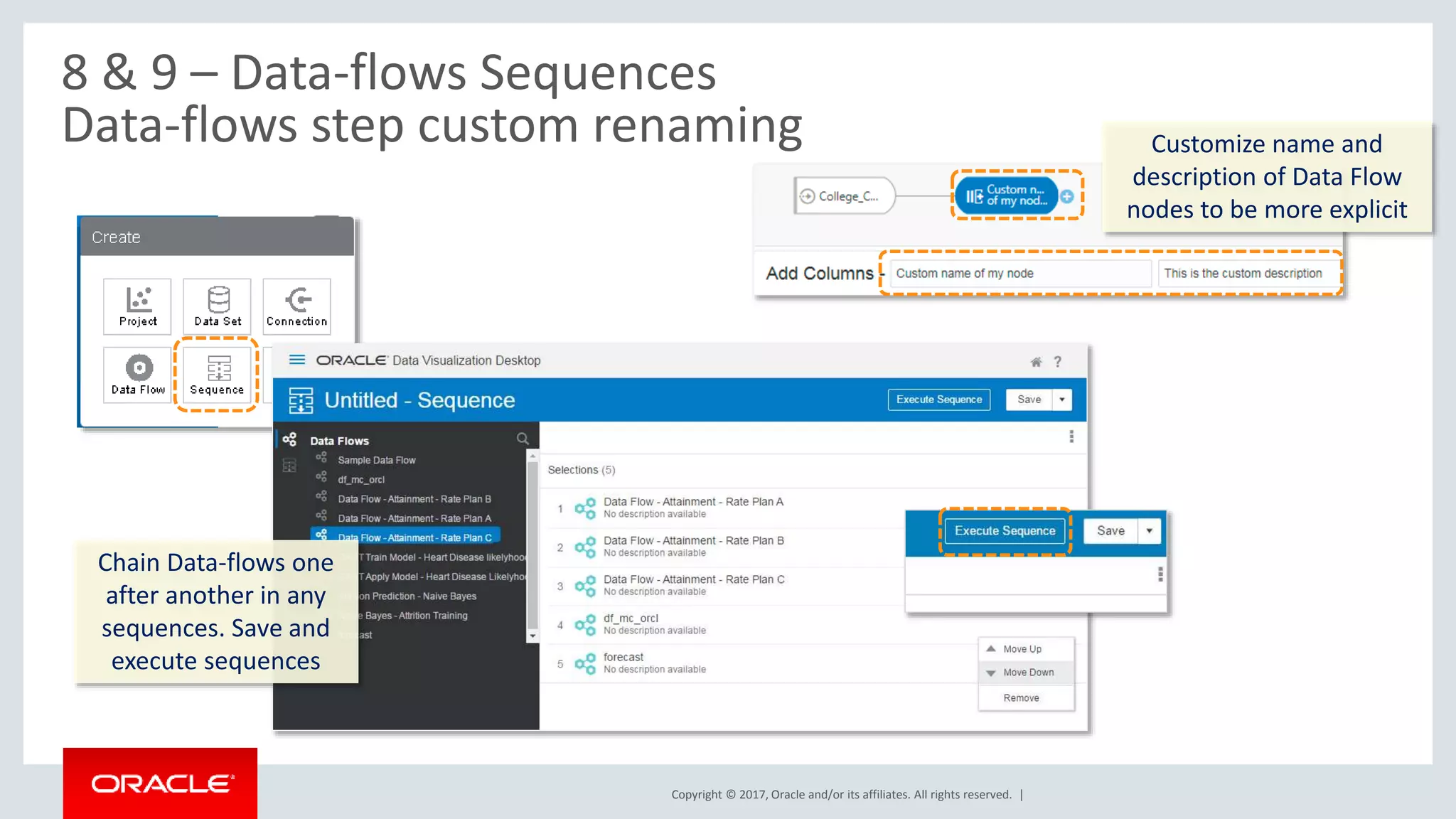 Copyright © 2017, Oracle and/or its affiliates. All rights reserved. |
8 & 9 – Data-flows Sequences
Data-flows step custom renaming
Chain Data-flows one
after another in any
sequences. Save and
execute sequences
Customize name and
description of Data Flow
nodes to be more explicit
 