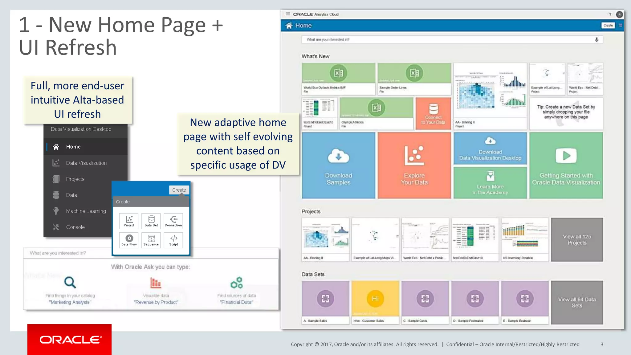 Copyright © 2017, Oracle and/or its affiliates. All rights reserved. | Confidential – Oracle Internal/Restricted/Highly Restricted 3
1 - New Home Page +
UI Refresh
Full, more end-user
intuitive Alta-based
UI refresh
New adaptive home
page with self evolving
content based on
specific usage of DV
 
