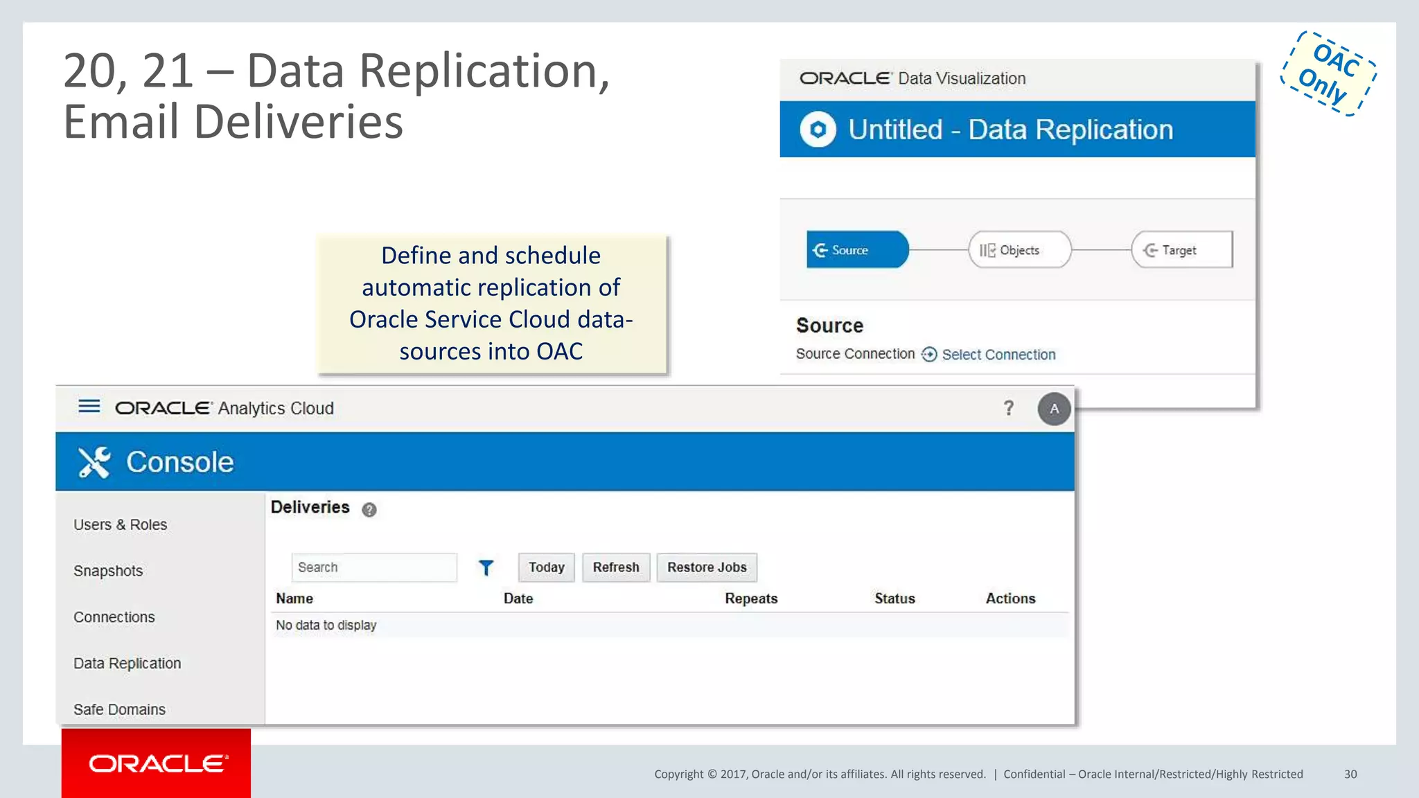 Copyright © 2017, Oracle and/or its affiliates. All rights reserved. | Confidential – Oracle Internal/Restricted/Highly Restricted 30
20, 21 – Data Replication,
Email Deliveries
Define and schedule
automatic replication of
Oracle Service Cloud data-
sources into OAC
 