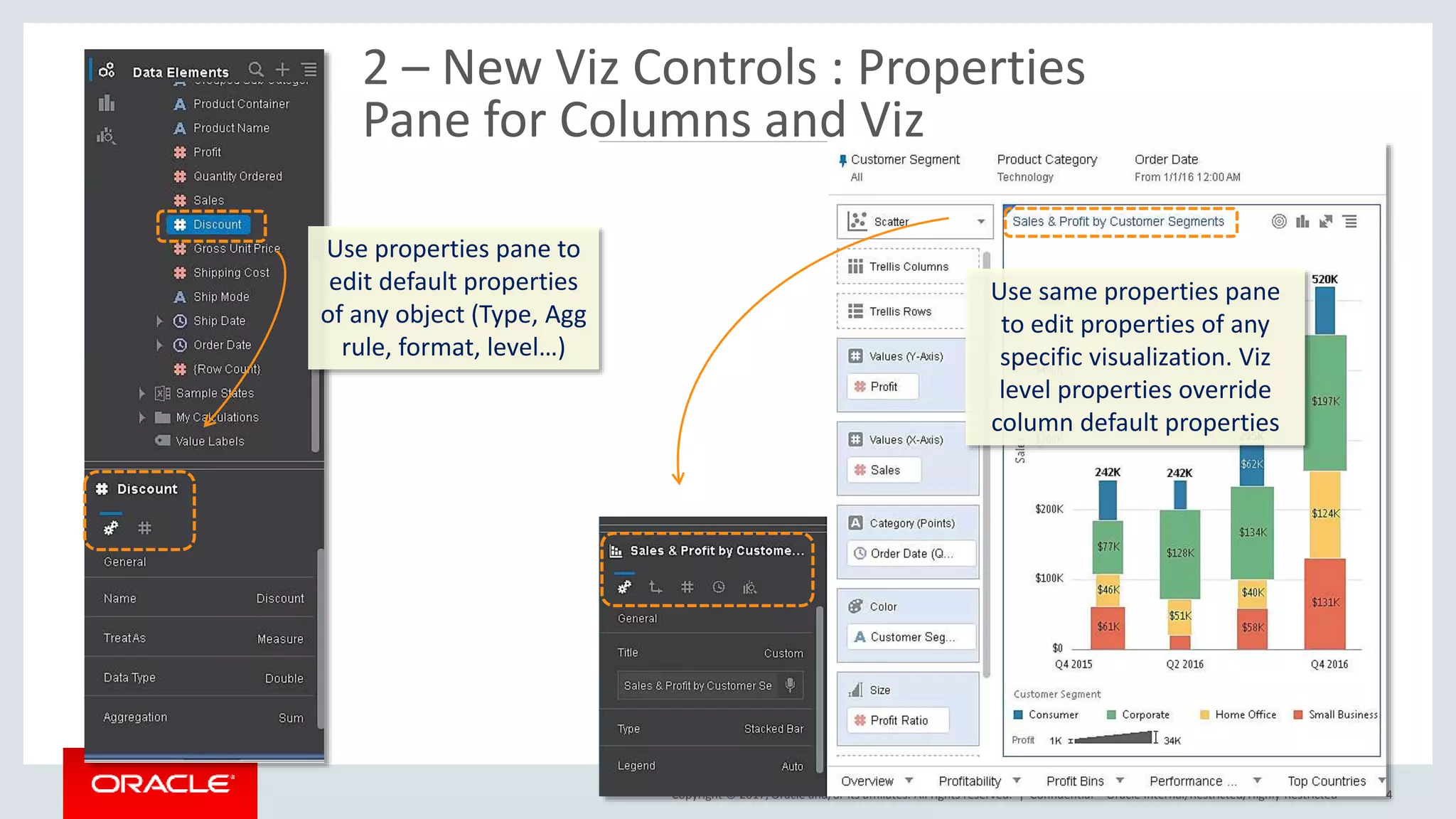 Copyright © 2017, Oracle and/or its affiliates. All rights reserved. | Confidential – Oracle Internal/Restricted/Highly Restricted 4
2 – New Viz Controls : Properties
Pane for Columns and Viz
Use properties pane to
edit default properties
of any object (Type, Agg
rule, format, level…)
Use same properties pane
to edit properties of any
specific visualization. Viz
level properties override
column default properties
 