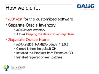 How we did it…

•  /u01/cst for the customized software
•  Separate Oracle Inventory
    *    /u01/cst/oraInventory
    *    Allows keeping the default inventory clean
•  Separate Oracle Home
    *    /u01/cst/{DB_NAME}/product/11.2.0.3
    *    Cloned it from the default OH
    *    Installed the Products from Examples CD
    *    Installed required one-off patches
 