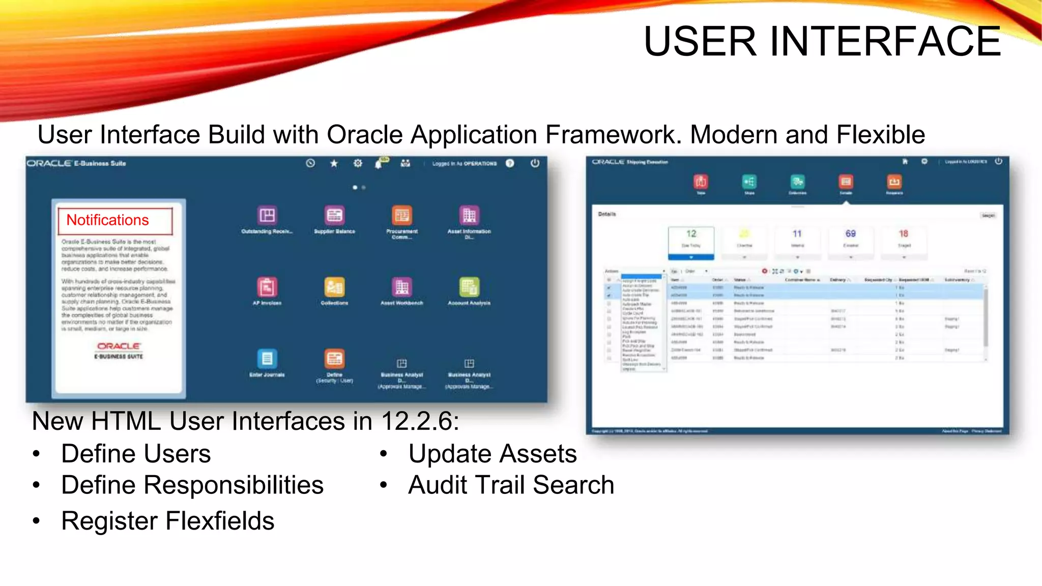 USER INTERFACE
User Interface Build with Oracle Application Framework. Modern and Flexible
Notifications
New HTML User Interfaces in 12.2.6:
• Define Users • Update Assets
• Define Responsibilities • Audit Trail Search
• Register Flexfields