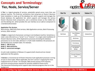 A Tier is a logical grouping of services, potentially spread across more than one
physical machine. The three-tier architecture that comprises an Oracle E-Business
Suite installation is made up of the database tier, which supports and manages the
Oracle database; the application tier, which supports and manages the various
Oracle E-Business Suite components, and is sometimes known as the middle tier;
and the desktop tier, which provides the user interface via an add-on component to
a standard web browser.
Application Tier Services
Root services, Web Entry Point services, Web Application services, Batch Processing
services, Other services
A Node is a logical set of processes running on one hardware machine. Sometimes a
node is also referred to as a "server" or an "instance". In a single-node installation of
Oracle E-Business Suite, all the Applications processes (including the database
processes) run on one node, whereas in a multi-node installation, the processes are
distributed across multiple nodes. For example,
Node 1 : DB 11.2.0.3,
Node 2: Web and forms,
Node 3 : concurrent manager.
A multi-node installation of Release 12 supports both shared and non-shared
application tier file systems.
A Service is a functional set of Oracle E-Business Suite application processes running
on one or more nodes. Where applicable, the term 'service' is replacing the more
traditional term of 'server'. For example, Web services process HTTP requests,
and Forms services process requests for activities related to Oracle Forms.
The Concurrent Processing server supports data-intensive programs that run in the
background.
Concepts and Terminology:
Tier, Node, Service/Server
Source: Configuring Applications Node Services in Oracle E-Business Suite Release 12.1 (Doc ID 406558.1)
 