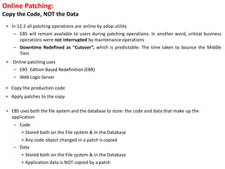 InfraOptimization
source EBSapps.env run
adop -help
adop –examples
Oracle Patch Application Assistant (PAA):admsi.pl
perl $AD_TOP/bin/admsi.pl -patch_top=<patch-top-directory> -appspass=<apps-password>
 