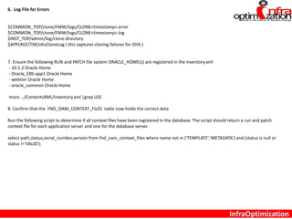 5. Way of knowing which patches were applied in each ADOP_SESSION_ID (patching cycle)
select * from ad_adop_session_patches order by end_date desc;
or
set pagesize 200;
set linesize 160;
column adop_session_id format 999999999999;
column bug_number format a15;
column status format a15;
column applied_file_system_base format a23;
column patch_file_system_base format a23;
column adpatch_options format a15;
column node_name format a15;
column end_date format a15;
column clone_status format a15;
select adop_session_id, bug_number, status, applied_file_system_base, patch_file_system_base, adpatch_options, node_name, end_date,
clone_status
from ad_adop_session_patches
order by end_date desc;
Note: STATUS
N - Not Applied In the current node but applied in other nodes
R - Patch Application is going on.
H - Patch failed in the middle. (Hard Failure)
F - Patch failed in the middle but user tried to skip some failures.
S - Patch Application succeeded after skipping the failed jobs.
Y - Patch Application succeeded.
C - Reserved for clone and config_clone. Indicates clone completed
select ADOP_SESSION_ID,BUG_NUMBER,CLONE_STATUS,STATUS,NODE_NAME from AD_ADOP_SESSION_PATCHES order by
ADOP_SESSION_ID;
 