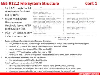 InfraOptimization
EBS R12.2 File System Structure Cont 1
• 10.1.2 OH holds the AS
components for Forms
and Reports
• Fusion Middleware
Home contains
WebLogic Server, HTTP
configuration files
• INST_TOP contains only
maintenance scripts
• Fusion middleware home contains the following directories
– EBS_Domain: E-Business Suite weblogic domain, contains all domain-specific configuration and log files.
– wlserver_10.3: Binaries and libraries required to support WebLogic Server
– oracle_common: Java Required Files (JRFs) used by EBS.
– webtier: HTTP configuration and log files used by EBS.
– Oracle_EBS-app1: Contains configuration files related to oacore, forms, oafm, and forms-c4ws
• FS_NE contains files needed by both the file systems
– Patch staging area, ADOP log files & ADOP utility
• Not all log files are not stored under $INST_TOP
– HTTP log files are located under the native instance home ($FMW_HOME/webtier)
– Oracle WebLogic Server log files are located under the domain home ($EBS_DOMAIN_HOME)
– Concurrent processing log files are located on the none-editioned file system (fs_ne)
 