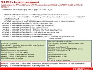 InfraOptimization
EBS R12.2.x Password management
Steps to change the APPS, APPLSYS, and APPS_NE password using FNDCPASS or AFPASSWD for EBS 12.2 (Doc ID
1674462.1)
source EBSapps.env run ; env |grep -i base, grep BASE $CONTEXT_FILE
• FNDCPASS and AFPASSWD utilities can be used for setting Oracle E-Business Suite schema passwords
• It is recommended that the FND_USER and FND_ORACLE_USERID tables are backed up before system passwords (APPLSYS, APPS,
APPS_NE) are changed
• AFPASSWD is an enhanced version of FNDCPASS, only prompts for passwords required for the current operation.
AFPASSWD [-c <APPSUSER>[@<TWO_TASK>]] -f <FNDUSER> (Application Users)
AFPASSWD [-c <APPSUSER>[@<TWO_TASK>]] -o <ORAUSER> (Apps Product users)
AFPASSWD [-c <APPSUSER>[@<TWO_TASK>]] –a (All Apps Product users)
AFPASSWD [-c <APPSUSER>[@<TWO_TASK>]] -l <ORAUSER> <TRUE|FALSE> (Locks Single User)
AFPASSWD [-c <APPSUSER>[@<TWO_TASK>]] -L <TRUE|FALSE> (Locks non-essential users)
AFPASSWD [-c <APPSUSER>[@<TWO_TASK>]] -s <APPLSYS> (Changes APPLSYS)
AFPASSWD [-c <APPSUSER>[@<TWO_TASK>]] -m <HASH-MODE> [MIGRATE] (Migrated to non-recoverable Hashing
scheme passwords)
AFPASSWD -f SYSADMIN
Enter the ORACLE password of Application Object Library ‘APPSUSER’:
Connected successfully to APPS.
Working…
Enter new password for user [SYSADMIN]:
Verify new password for user [SYSADMIN]:
Password is changed successfully for user SYSADMIN.
Password is changed successfully for user SYSADMIN.
AFPASSWD completed successfully.
AFPASSWD -c apps@PROD -s APPLSYS
Enter the ORACLE password of Application Object Library
‘APPSUSER’:
Connected successfully to APPS.
Enter the password for your ‘SYSTEM’ ORACLE schema:
Connected successfully to SYSTEM.
Working…
Enter new password for user:
Verify new password for user:
Working…
AFPASSWD completed successfully.
Note: For Changing APPLSYS/APPS/APPS_NE Password We Need To Shutdown Application Tier And Once We Finish
Changing The Password We Need To Run Autoconfig On All Tiers
 
