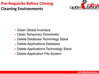 InfraOptimization
Clean Global Inventory
Clean Temporary Directories
Delete Database Technology Stack
Delete Applications Database
Delete Applications Technology Stack
Delete Application File System
Pre-Requisite Before Cloning
Cleaning Environments
 