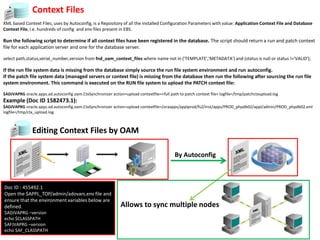 Context Files
XML based Context Files, uses by Autoconfig, is a Repository of all the installed Configuration Parameters with value: Application Context File and Database
Context File, i.e. hundreds of config and env files present in EBS.
Run the following script to determine if all context files have been registered in the database. The script should return a run and patch context
file for each application server and one for the database server.
select path,status,serial_number,version from fnd_oam_context_files where name not in ('TEMPLATE','METADATA') and (status is null or status !='VALID');
If the run file system data is missing from the database simply source the run file system environment and run autoconfig.
If the patch file system data (managed servers or context file) is missing from the database then run the following after sourcing the run file
system environment. This command is executed on the RUN file system to upload the PATCH context file:
$ADJVAPRG oracle.apps.ad.autoconfig.oam.CtxSynchronizer action=upload contextfile=<full path to patch context file> logfile=/tmp/patchctxupload.log
Example (Doc ID 1582473.1):
$ADJVAPRG oracle.apps.ad.autoconfig.oam.CtxSynchronizer action=upload contextfile=/oraapps/applprod/fs2/inst/apps/PROD_phpdb02/appl/admin/PROD_phpdb02.xml
logfile=/tmp/ctx_upload.log
Editing Context Files by OAM
By Autoconfig
Allows to sync multiple nodes
Doc ID : 455492.1
Open the $APPL_TOP/admin/adovars.env file and
ensure that the environment variables below are
defined.
$ADJVAPRG –version
echo $CLASSPATH
$AFJVAPRG –version
echo $AF_CLASSPATH
 