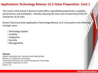 InfraOptimization
Applications Technology Release 12.2 Value Proposition Cont 1
The result is that Oracle E-Business Suite offers unparalleled productivity, scalability,
performance, and availability - thereby reducing the total cost of ownership (TCO) for
enterprises of all sizes.
Oracle E-Business Suite Applications Technology Release 12.2 is focused on the following
strategic areas:
• Technology Update
• Usability
• Integration
• Security
• Manageability
Source:
ORACLE E-BUSINESS SUITE RELEASE VALUE PROPOSITION
Release 12.2 Applications Technology
Prepared by E-Business Suite Product Management and Strategy
Last Updated: September 18, 2013
Version: 2.0
 