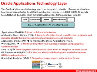 InfraOptimization
Oracle Applications Technology Layer
The Oracle Applications technology layer is an integrated collection of components whose
functionality is applicable to all Oracle Applications modules, i.e. CRM, HRMS, Financials,
Manufacturing. Components in the Oracle Applications technology layer include:
Applications DBA (AD) Set of tools for administration
Application Object Library (FND)  Consists of a collection of reusable code, programs, and
database objects that provides common functionality across all products.
Applications Utilities (AU)  To maintain the Oracle Applications system.
Workflow (WF)  To Model and maintain your business processes using a graphical
workflow builder.
Alert (ALR)  To email system notifications to users when an exception or event occurs.
OA Framework (OAF/FWK)  A Java and XML-based development method to develop
HTML-based applications
Oracle XML Publisher (XDO)  To produce output reports in the desired format.
 
