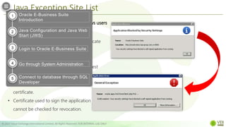 Java Exception Site List
© 2022 Value Exchange International Limited. All Rights Reserved. FOR INTERNAL USE ONLY
Adding a URL to Java’s Exception List allows users
to run Rich Internet Applications (RIAs)
• If application is not signed with a certificate
from trusted certificate authority.
• If application is hosted locally.
• Jar file not having the Permission manifest
attribute.
• Application signed with an expired
certificate.
• Certificate used to sign the application
cannot be checked for revocation.
Oracle E-Business Suite
Introduction
Java Configuration and Java Web
Start (JWS)
Login to Oracle E-Business Suite
Go through System Administration
Connect to database through SQL
Developer
1
2
3
4
5
 