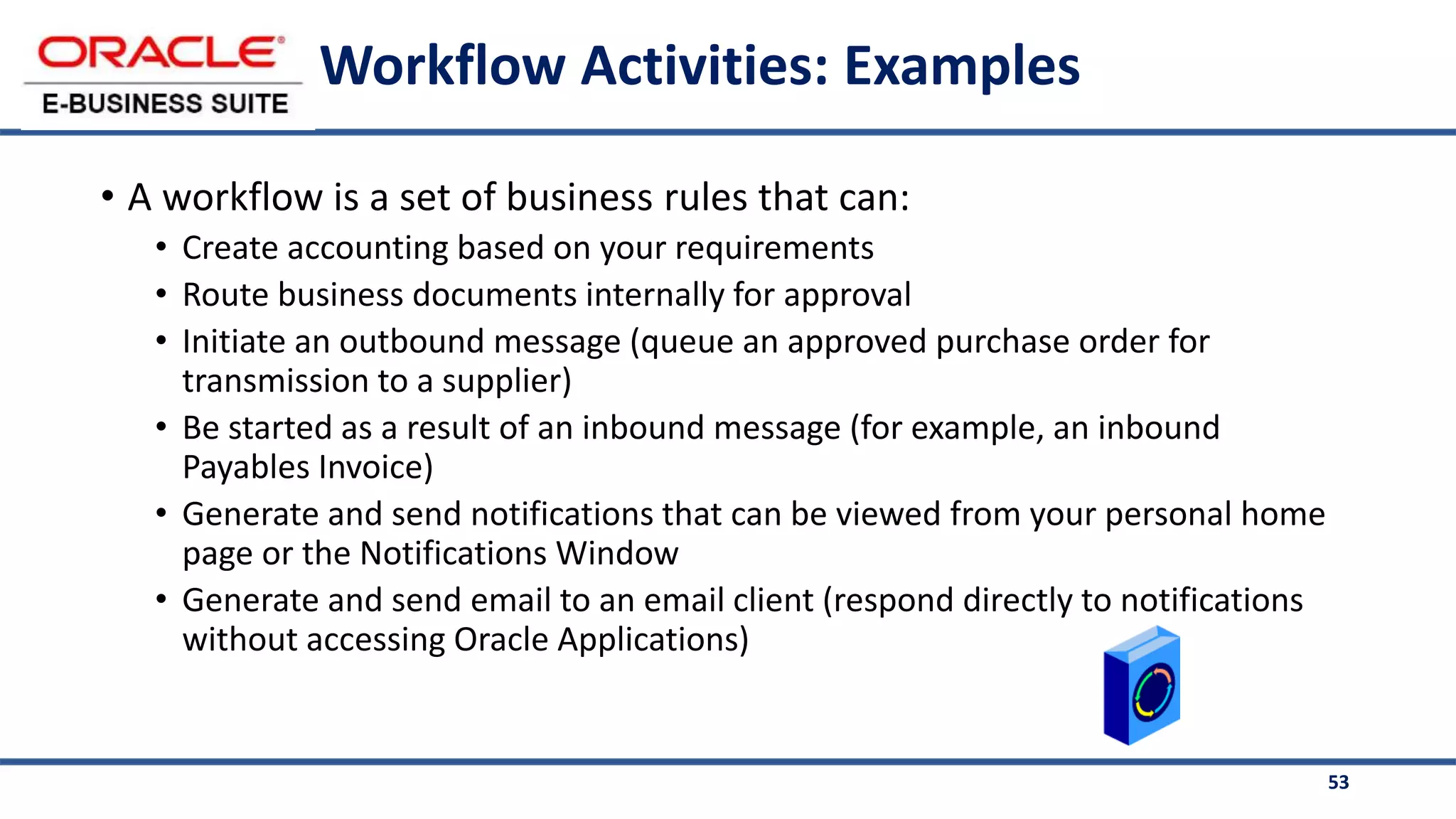 53
Workflow Activities: Examples
• A workflow is a set of business rules that can:
• Create accounting based on your requirements
• Route business documents internally for approval
• Initiate an outbound message (queue an approved purchase order for
transmission to a supplier)
• Be started as a result of an inbound message (for example, an inbound
Payables Invoice)
• Generate and send notifications that can be viewed from your personal home
page or the Notifications Window
• Generate and send email to an email client (respond directly to notifications
without accessing Oracle Applications)
 