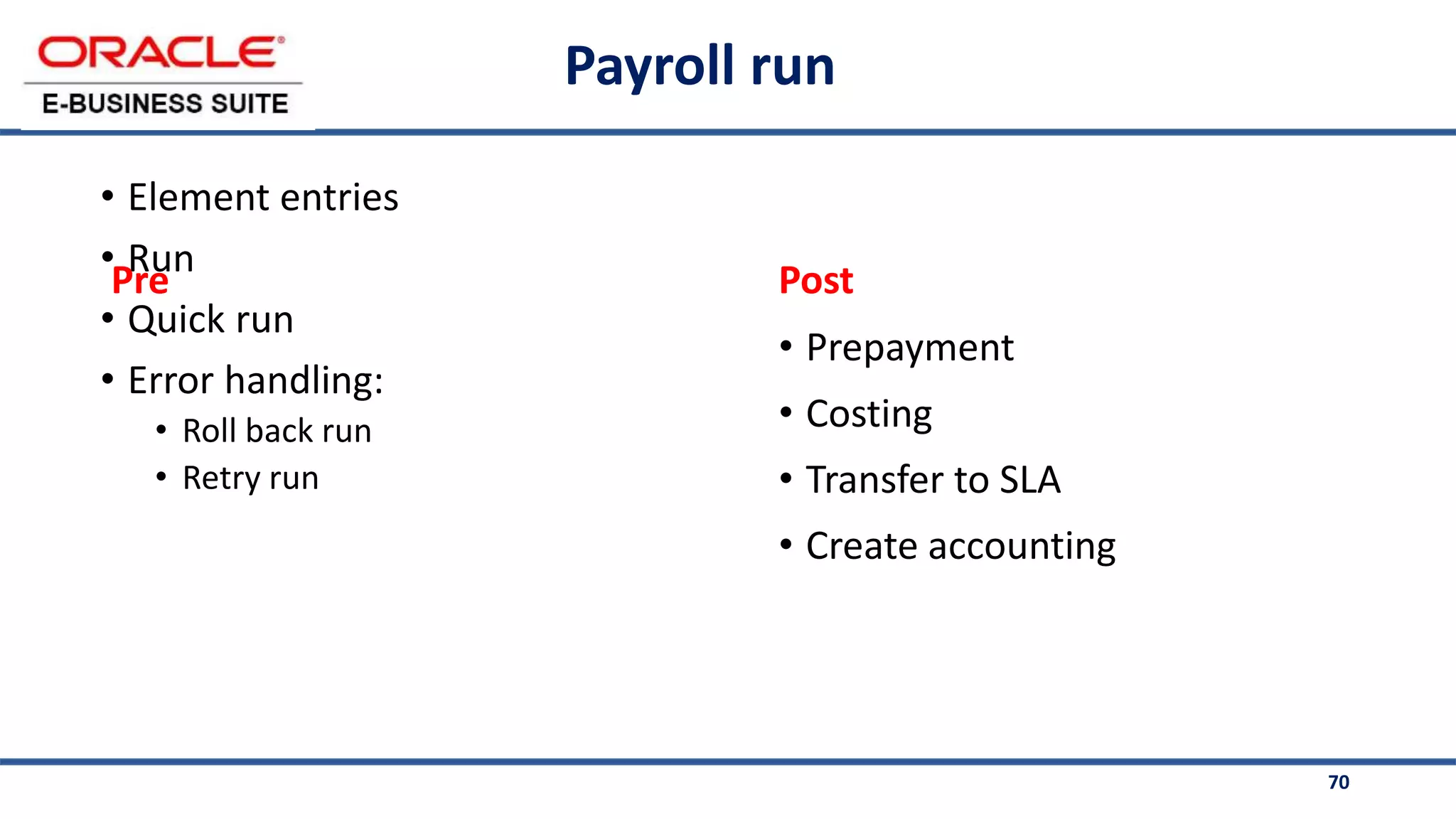70
Payroll run
• Element entries
• Run
• Quick run
• Error handling:
• Roll back run
• Retry run
• Prepayment
• Costing
• Transfer to SLA
• Create accounting
Post
Pre
 