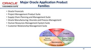 12
Major Oracle Application Product
Families
• Oracle Financials
• Project Management Product Suite
• Supply Chain Planning and Management Suite
• Oracle Manufacturing: Discrete and Process Management
• Human Resources Management System Suite
• Customer Relationship Management Suite
Customer
Relationship
Management
Supply Chain
Management
Manufacturing
Finance
Projects
Human
Resources
Oracle Workflow
 