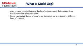 22
What Is Multi-Org?
• A server-side (applications and database) enhancement that enables single
installation of Oracle Applications
• Keeps transaction data and some setup data separate and secure by different
lines of business
 