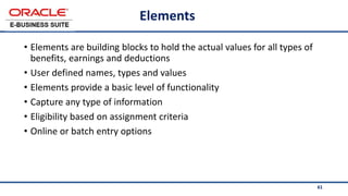 61
Elements
• Elements are building blocks to hold the actual values for all types of
benefits, earnings and deductions
• User defined names, types and values
• Elements provide a basic level of functionality
• Capture any type of information
• Eligibility based on assignment criteria
• Online or batch entry options
 