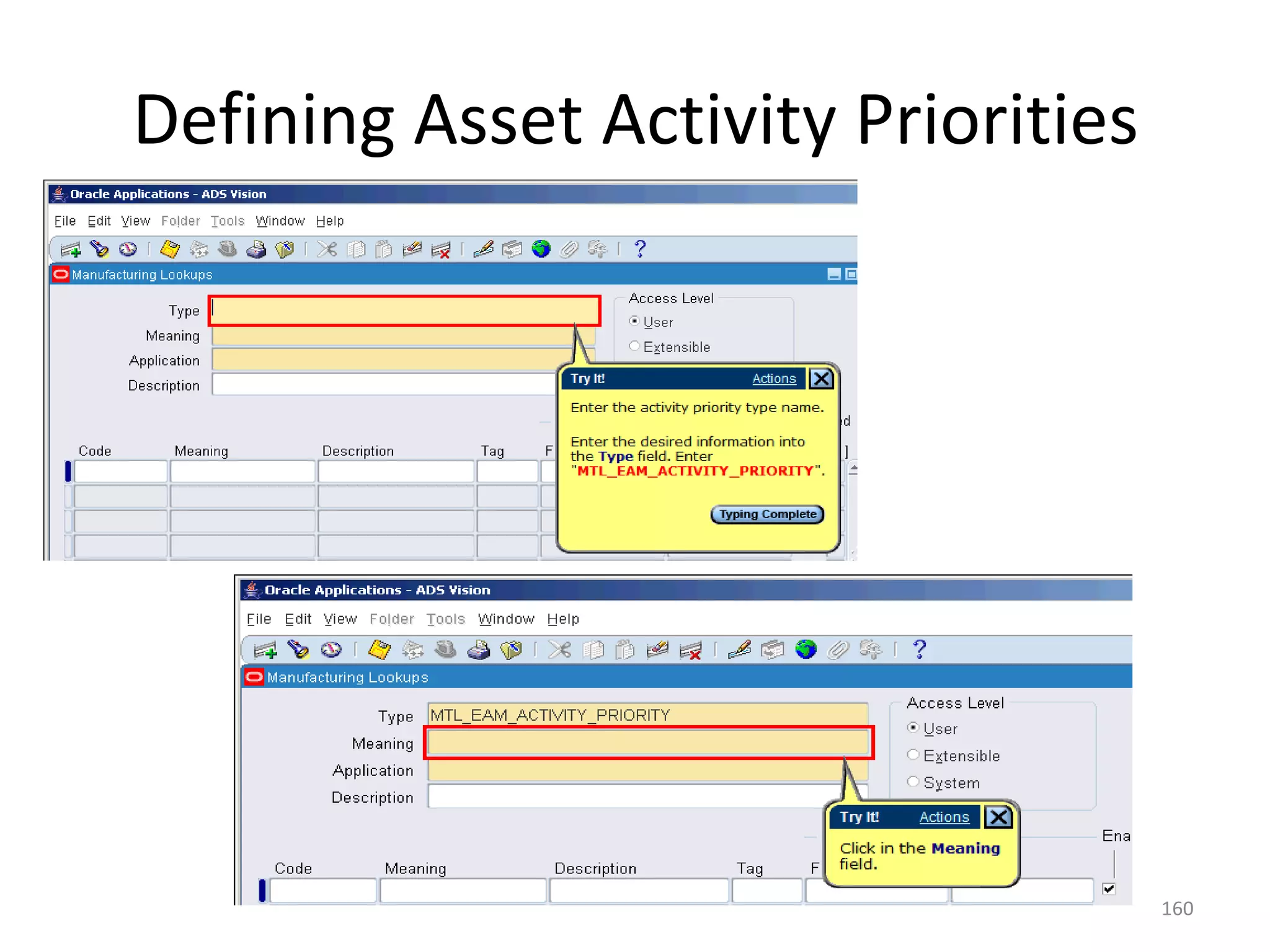 Defining Asset Activity Priorities




                                     160
 