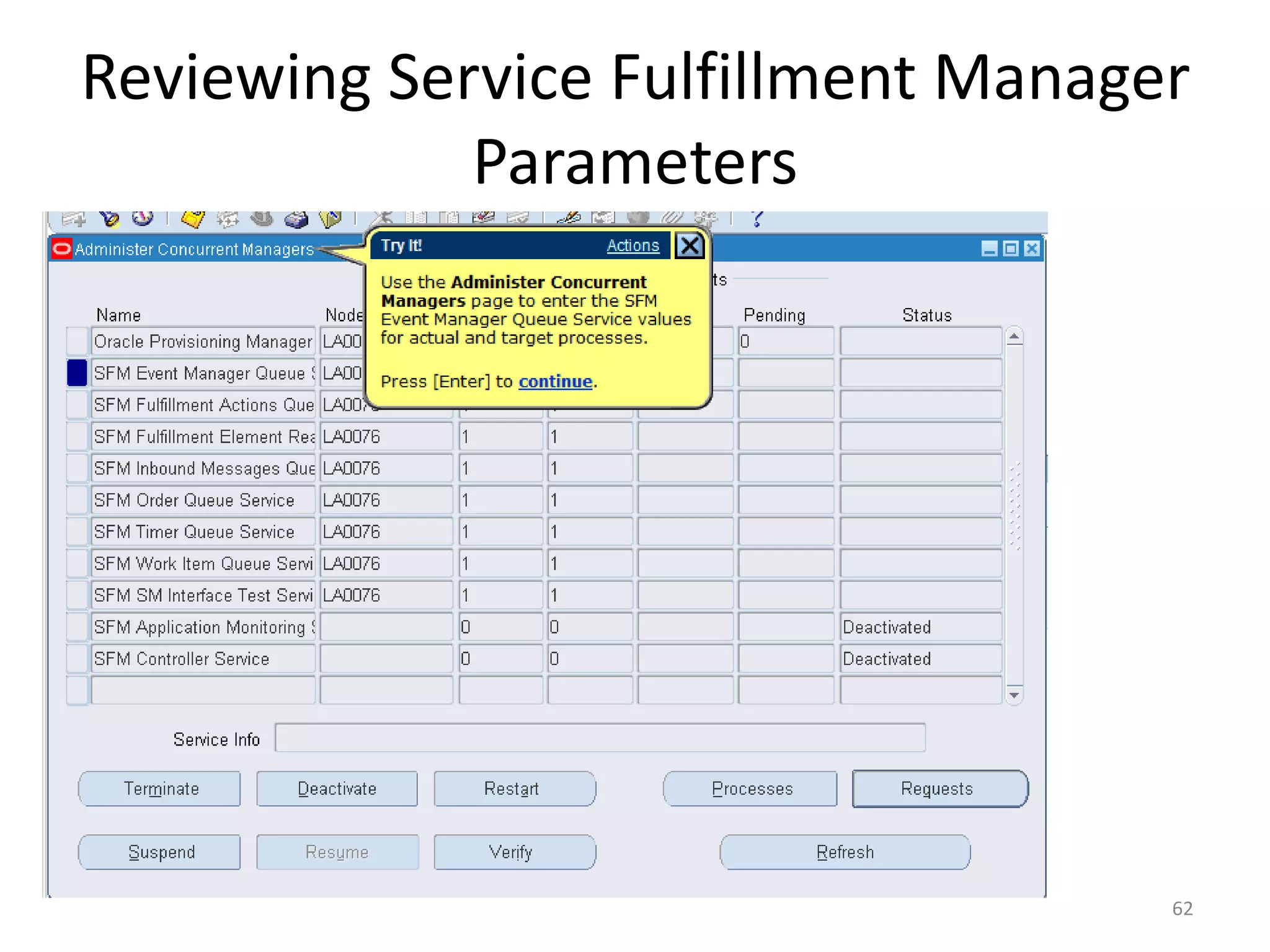 Reviewing Service Fulfillment Manager
             Parameters




                                    62
 