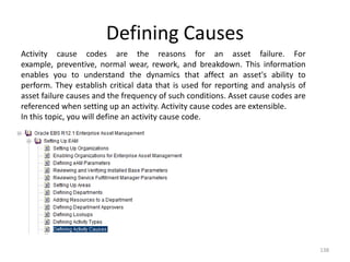 Defining Causes
Activity cause codes are the reasons for an asset failure. For
example, preventive, normal wear, rework, and breakdown. This information
enables you to understand the dynamics that affect an asset's ability to
perform. They establish critical data that is used for reporting and analysis of
asset failure causes and the frequency of such conditions. Asset cause codes are
referenced when setting up an activity. Activity cause codes are extensible.
In this topic, you will define an activity cause code.




                                                                                   138
 