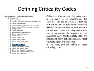 Defining Criticality Codes
            Criticality codes suggest the importance
            of an asset to an organization, for
            example, High and Low. An asset that has
            a direct impact on production or that is
            difficult to replace may be considered a
            critical asset. Asset criticality codes help
            you to determine the urgency of the
            requested work. Asset criticality codes are
            referenced when defining an asset. Asset
            criticality codes are extensible.
            In this topic, you will define an asset
            criticality code.




                                                      170
 