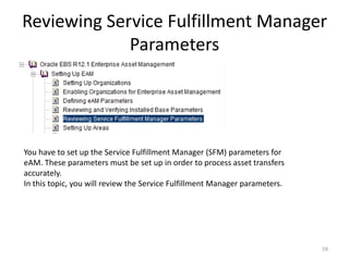Reviewing Service Fulfillment Manager
             Parameters




You have to set up the Service Fulfillment Manager (SFM) parameters for
eAM. These parameters must be set up in order to process asset transfers
accurately.
In this topic, you will review the Service Fulfillment Manager parameters.




                                                                             59
 