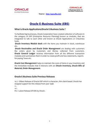 Source –http://appsdba.info
1
Oracle E-Business Suite (EBS)
What is Oracle Applications/Oracle E-Business Suite ?
To facilitate big businesses, Oracle Corporation have created collection of software in
the category of ERP (Enterprise Resource Planning) known as modules, that are
integrated to talk to each other and known as Oracle Applications or E-Business
Suite.
Oracle Inventory Module deals with the items you maintain in stock, warehouse
etc.
Oracle Receivables and Oracle Order Management are dealing with customers
like orders given by Customers and Money collected from customers.
Oracle General Ledger receives information from all the different transaction
modules and summarizes them in order to create profit and loss statements, reports
for paying Taxes etc.
Oracle Cost Management helps to maintain the costs of items in your inventory and
the immediate modules that it interacts with are Oracle Inventory, Oracle Bills of
Material, Order Management.
Oracle E-Business Suite Previous Releases
10.7 : Oldest Release of Oracle ERP which is character, thin client based. Oracle has
stopped support for this release from year 1998.
11 :
11i :
R12 : Latest Release Of EBS by Oracle .
 
