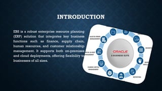 INTRODUCTION
EBS is a robust enterprise resource planning
(ERP) solution that integrates key business
functions such as finance, supply chain,
human resources, and customer relationship
management. It supports both on-premises
and cloud deployments, offering flexibility to
businesses of all sizes.
 