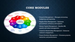 CORE MODULES
• Financial Management – Manages accounting,
budgeting, and reporting.
• Supply Chain Management – Optimizes
procurement, inventory, and logistics.
• Human Capital Management – Handles HR,
payroll, and talent management.
• Customer Relationship Management – Enhances
customer engagement.
• Project Portfolio Management – Oversees projects,
resources, and performance.
 