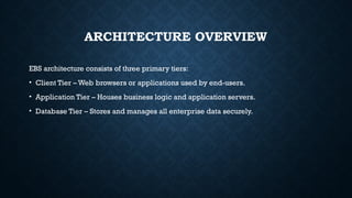 ARCHITECTURE OVERVIEW
EBS architecture consists of three primary tiers:
• Client Tier – Web browsers or applications used by end-users.
• Application Tier – Houses business logic and application servers.
• Database Tier – Stores and manages all enterprise data securely.
 