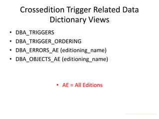 Crossedition Trigger Related Data
             Dictionary Views
•   DBA_TRIGGERS
•   DBA_TRIGGER_ORDERING
•   DBA_ERRORS_AE (editioning_name)
•   DBA_OBJECTS_AE (editioning_name)



                  • AE = All Editions



                                        http://surachartopun.com
 