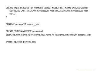 CREATE TABLE PERSONS (ID NUMBER(10) NOT NULL, FIRST_NAME VARCHAR2(100)
   NOT NULL, LAST_NAME VARCHAR2(100) NOT NULL,EMAIL VARCHAR2(100) NOT
   NULL)
/

RENAME persons TO persons_tab;

CREATE EDITIONING VIEW persons AS
SELECT id, first_name AS firstname, last_name AS lastname, email FROM persons_tab;

create sequence persons_seq;




                                                                    http://surachartopun.com
 
