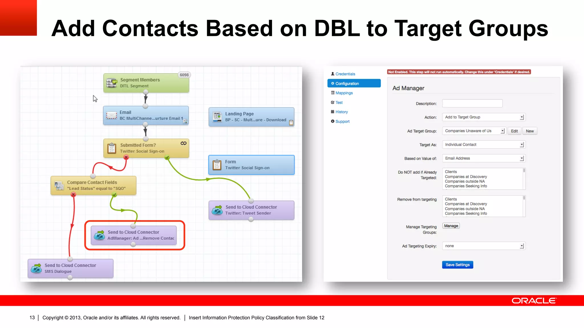 Copyright © 2013, Oracle and/or its affiliates. All rights reserved. Insert Information Protection Policy Classification from Slide 1213
Add Contacts Based on DBL to Target Groups
 