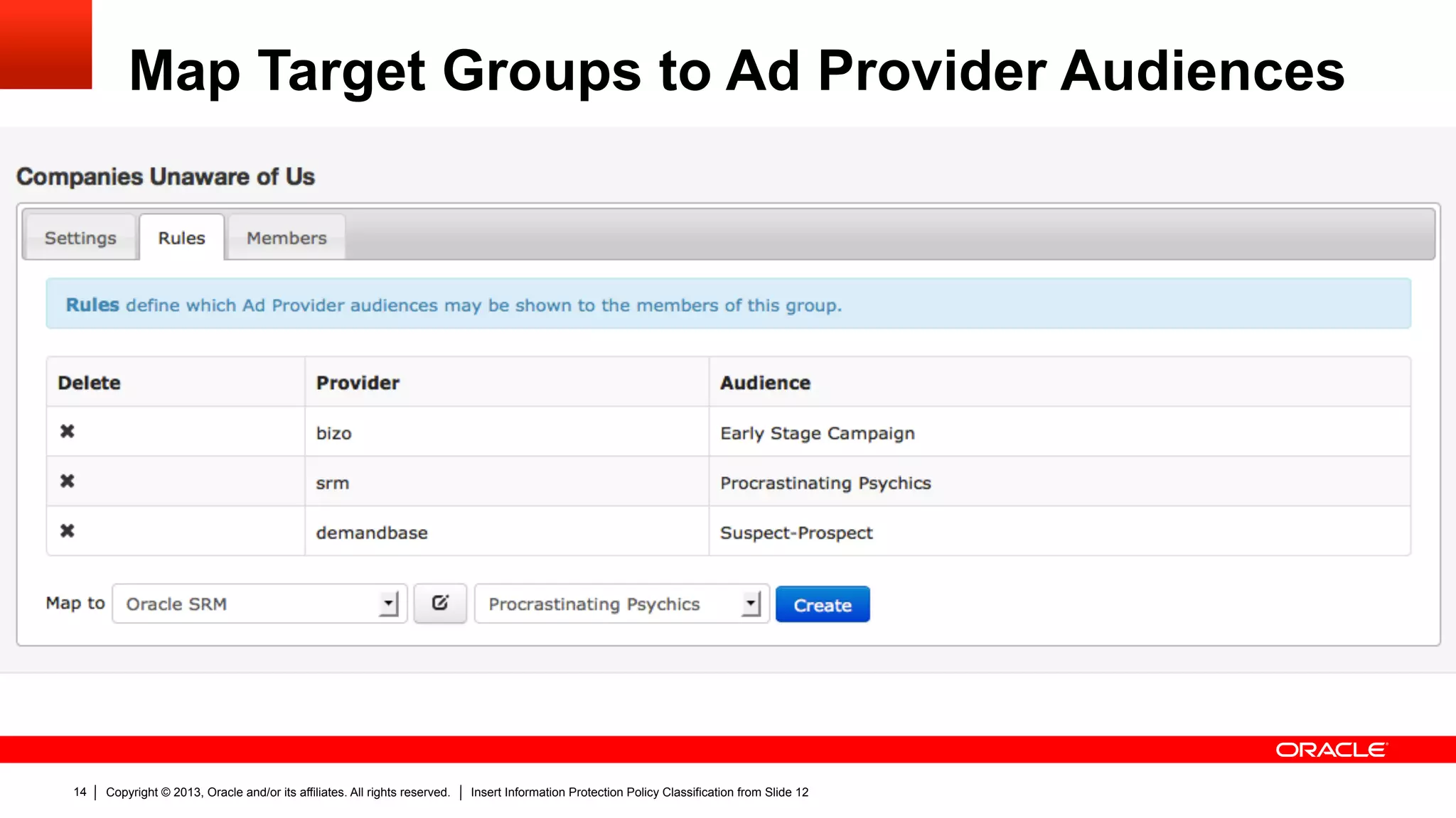 Copyright © 2013, Oracle and/or its affiliates. All rights reserved. Insert Information Protection Policy Classification from Slide 1214
Map Target Groups to Ad Provider Audiences
 