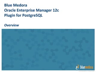 © 2014 Blue Medora LLC All rights reserved
Blue	
  Medora	
  
Oracle	
  Enterprise	
  Manager	
  12c	
  
Plugin	
  for	
  PostgreSQL	
  
	
  
Overview	
  
 