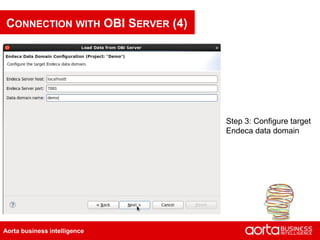 CONNECTION WITH OBI SERVER (4)




                                 Step 3: Configure target
                                 Endeca data domain




Aorta business intelligence
 