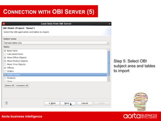 CONNECTION WITH OBI SERVER (5)




                                 Step 5: Select OBI
                                 subject area and tables
                                 to import




Aorta business intelligence
 