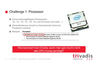 Challenge 1: Prozessor
Oracle Engineered Systems - Chance oder Risiko?5 27.10.2016
Immer leistungsfähigere Prozessoren:
10-, 12-, 14-, 15-, 16-, 18- und 22-Cores (und mehr ...)
Herausforderung: Anzahl zu lizenzierende Cores bei
Prozessor-Lizenzen
Beispiel:
Wie lizenziert man Oracle, wenn man gar (noch) nicht
alle CPU-Cores benötigt?
 